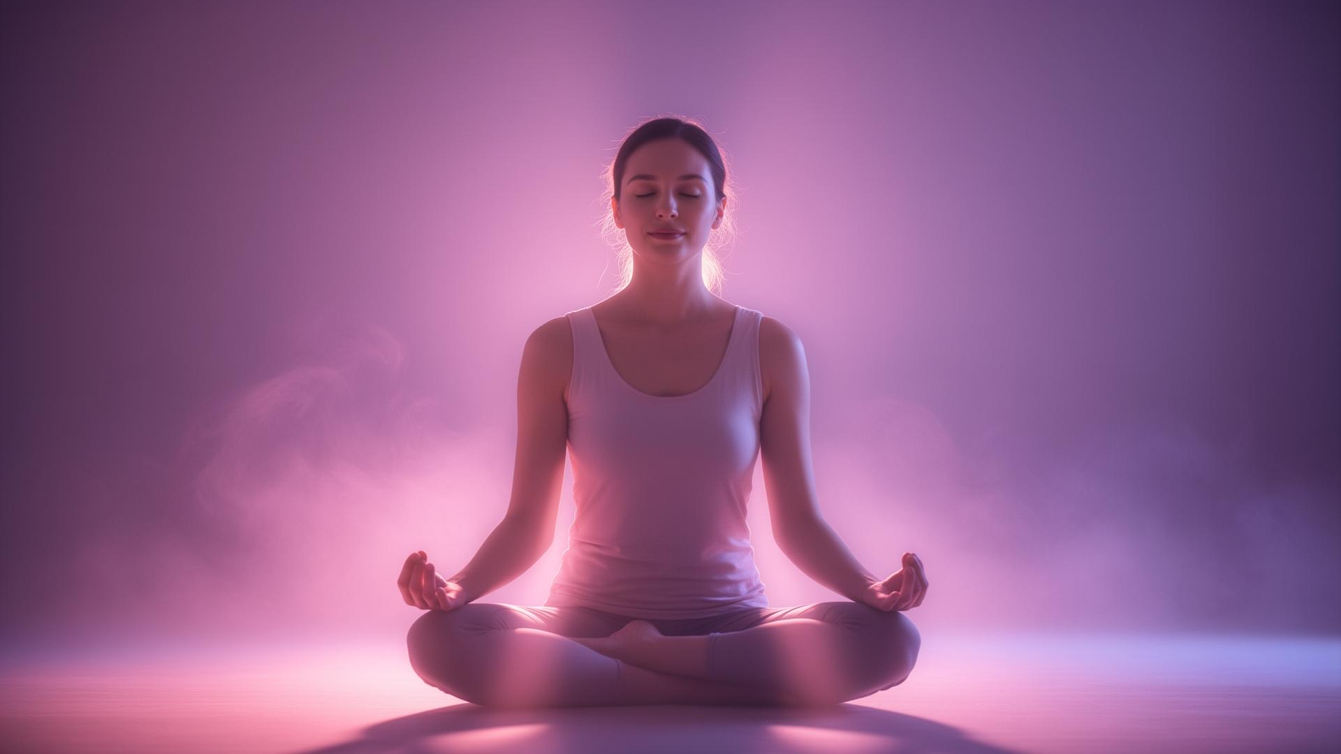 Woman meditating in soft pink and purple light
